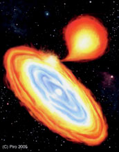 Artist rendering of neutron star accreting matter from a red giant star