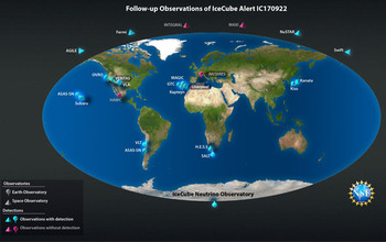 Map of the Earth identifying the satellites that followed up on IceCube's detection.