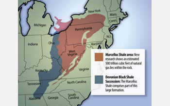 Map of U.S. East Coast showing the Marcellus shale and Devonian black shale succession.