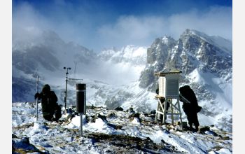 Taking routine winter measurements at meteorological station on Niwot Ridge, Colo.