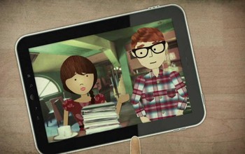 ipad showing two student characters