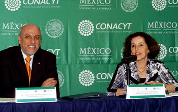 NSF Director France Cordova holds a press conference with Enrique Cabrera Mendoza of CONACYT.
