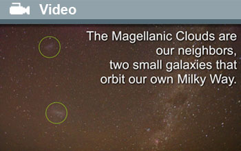 Image and text showing the Milky Way with the Magellanic Clouds circled.