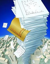 Illustration of a stack of paper rising above the city skyline.