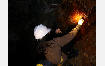 Researcher Forest Rohwer collects a sample, 714 meters below ground at the Soudan Mine in Minnesota.