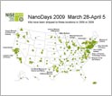 Map of the USA showing the institutions that will celebrate Nano Days 2009.
