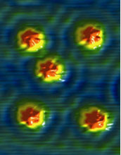 STM image of five molecular rotors spinning at over 1 million times per second when heated to 78 K.