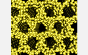 Illustration showing shimmering platinum atoms forming a gaping honeycomb structure.