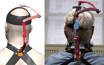 Schematic of the new robotic neck brace and a picture of a subject using the brace.