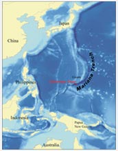 Map showing the location of the Mariana Trench, the deepest part of the world's oceans.