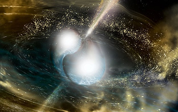 An artist’s depiction of Earth among the cosmic chaos of a collision between neutron stars.