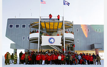 Photo of the dedication crowd at the new South Pole station