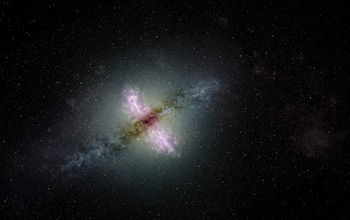 Artist's conception of a galaxy with an active nucleus propelling jets of material outward