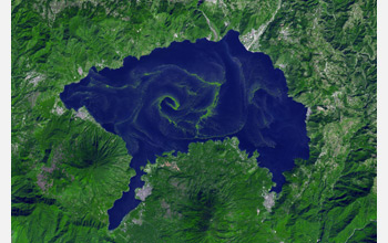 Photo of Lake Atitlan in Guatemala showing algae growth.