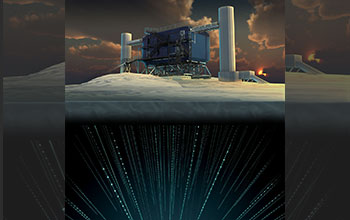 Illustration showing IceCube Observatory with neutrino detectors beneath the ice