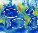 Map showing ocean currents and gyres in the Atlantic, Pacific and Indian oceans.