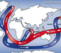 Map showing the great ocean conveyor belt carrying cold and warm water.