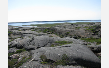 Foto de rocha ao longo da costa da Baía de Hudson, no Canadá, o que tem a rocha mais antiga da Terra.Rocha rochosa ao longo da costa nordeste da Baía de Hudson, Canadá, tem a rocha mais antiga da Terra.
