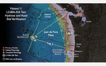 Map showing VISIONS '11 cruise track/work areas for NSF OOI regional cabled network component.