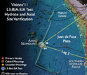 Map showing VISIONS '11 cruise track/work areas for NSF OOI regional cabled network component.
