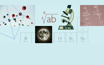 Collage of microscope, numbers on a blackboard, molecule model and segment of the periodic table