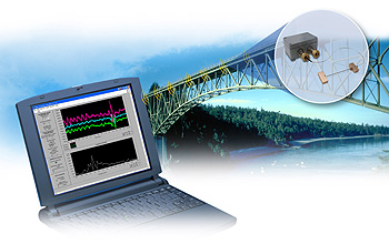 Illustration of computer screen and sensor embedded in a bridge span.