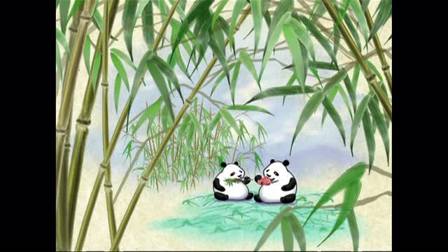 two pandas in field