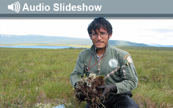 Photo of researcher in a field and the words Audio Slideshow