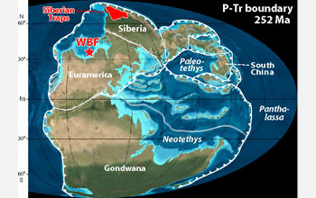 Map showing paleogeography during the Permian-Triassic boundary 252 million years ago.