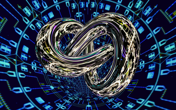 In this rendering, a trefoil knot, an iconic topological object, is shown coming out of a tunnel with an image of superconducting qubit chips reflected on its surface.