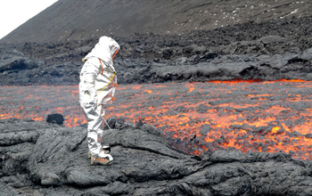 Standing alongside a 30-meter-wide lava channel