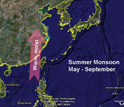 Map showing summertime circulation patterns linked with Asian monsoon transport warm, moist air.