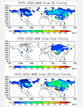 the March-May impacts of black carbon, mineral dust and both agents on snow cover.