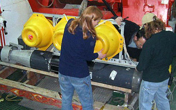 Photo showing underwater video array as it is prepared for deployment