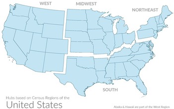 map of United States with regions sectioned out