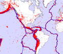 Map of the earth's surface showing plates and earthquake distributions in red.
