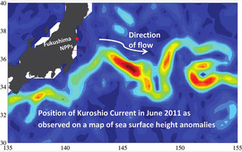 Map showing the Kuroshio Current off Japan in June 2011 as measured by sea level anomalies.