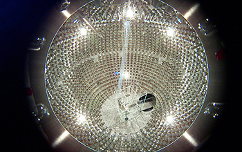 Photomultipliers line the steel chamber of the Borexino detector.