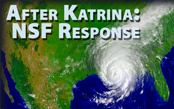 Illustration of hurricane, U.S. map and words After Katrina: NSF Response