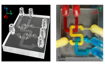 Engineers fabricate a 3D-printed microfluidic device in precise microscale.