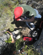 Researchers with robotic squirrel near a cliff.