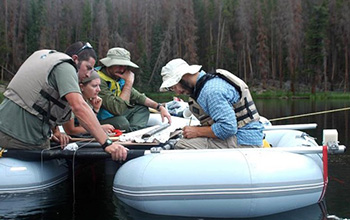 Paleoecologists study a sediment core from Chickaree Lake in the Rocky Mountains.