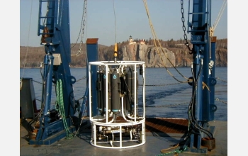 An instrument aboard the research vessel Blue Heron is used for taking water samples of nitrate.