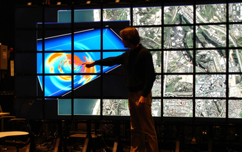 Terashake earthquake visualization and terrain map on tiled display wall at Calit2, UC-San Diego