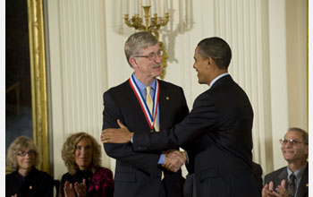 Photo of Francis Collins receiving the National Medal of Science from President Barack Obama.