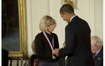 Photo of Joanna Fowler receiving the National Medal of Science from President Barack Obama.