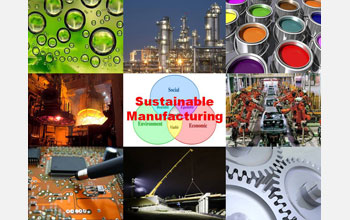 Images and text: Photos of manufacturing with the words Sustainable Manufacturing.