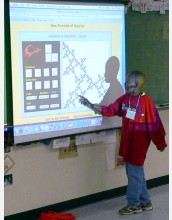 A middle school student pointing to a screen projection describes a mathematical image.