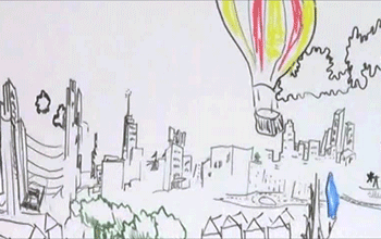 Drawing of a town and balloon