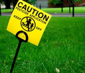 A yellow sign saying Caution pesticide application standing out of a green lawn